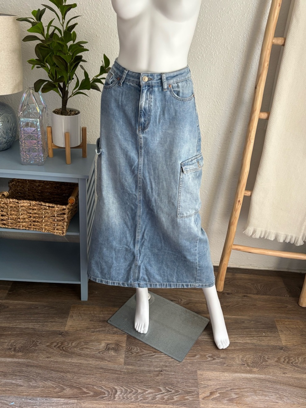 Light Blue Denim Maxi Skirt with Utility Pocket